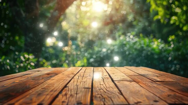 Video A simple wooden table placed in a natural setting with some trees in the background