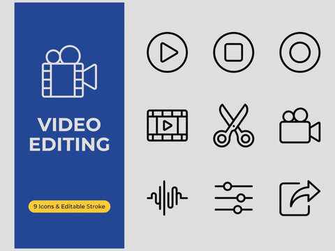 Video editing icons set with play button camera and film strip on gray background for graphic design  video editing tools