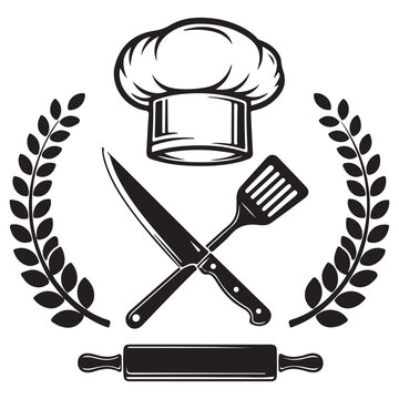 Chef hat with crossed knife spatula and rolling pin in laurel wreath vector illustration for restaurant or bakery logo