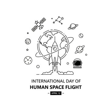 Illustration depicts space exploration elements and the international day of flight