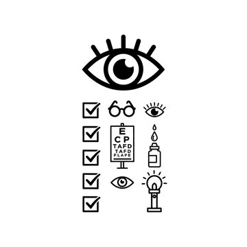 Optometry symbols including an eye chart glasses and eye drop bottle