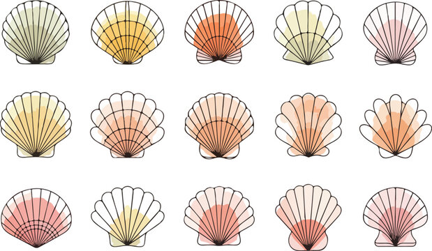 "Colorful Watercolor Shells Arranged in a Neat Grid, Showcasing Various Sizes and Shapes for Artistic and Decorative Designs"