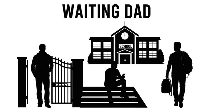 Silhouette of father waiting outside school building with students during dismissal
