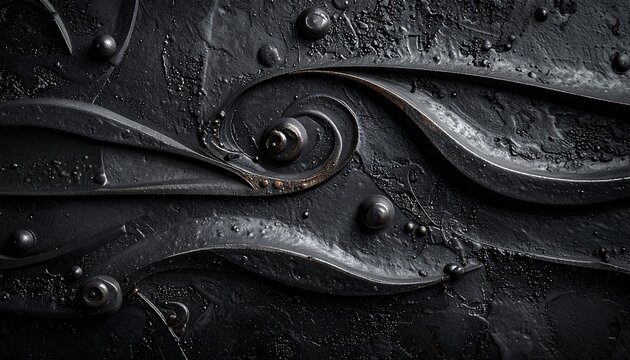 Close-up of stylized, forged metalwork, featuring swirling floral-like elements and textured background with rounded accents