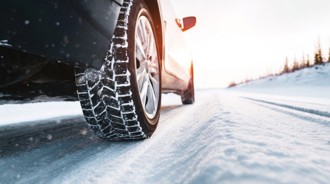 Car tire with deep tread patterns gripping a snow covered road during winter, ensuring safe travel and reliable traction