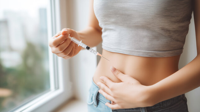 Woman holding a syringe getting ready to administer insulin into her stomach for managing diabetes and regulating blood sugar levels