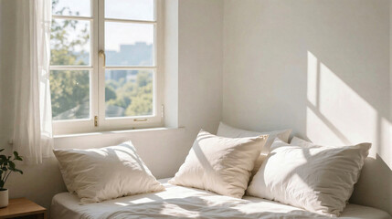 Fototapeta premium bright morning window sunlight falling on pillows calm and fresh room clean minimalist decor cinematic natural light.