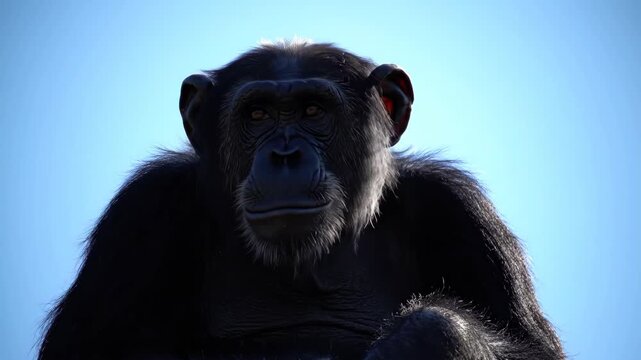 Chimpanzee Portrait Against a Bright Blue Sky Background