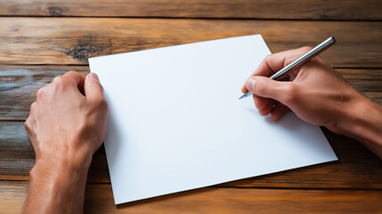 Obraz premium Person's hands holding a blank white paper sheet, preparing to write with a fountain pen on a textured wooden background