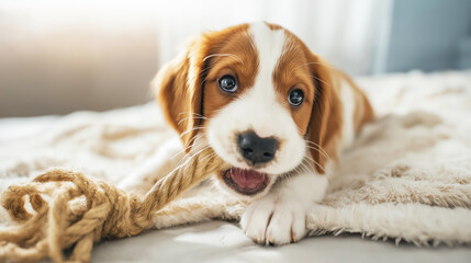 Obraz premium Young puppy having fun playing with a rope toy on a warm, cozy blanket, enjoying indoor leisure time