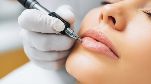 Specialist applying permanent lip makeup, woman receiving cosmetic micropigmentation procedure