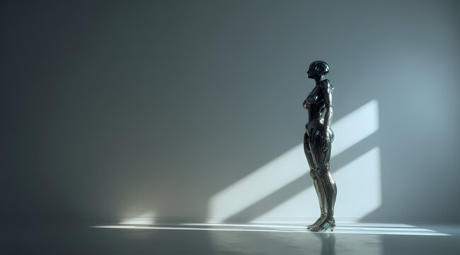 Robot humano&iuml;de argent&eacute; aux yeux bleus debout dans un bureau moderne vide