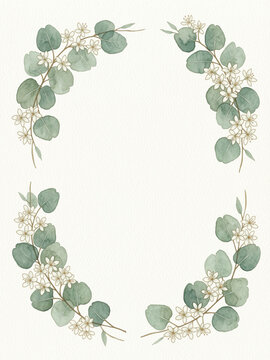 Watercolor eucalyptus corner frame with delicate white flowers, elegant botanical border with copy space, perfect for wedding invitations and stationery