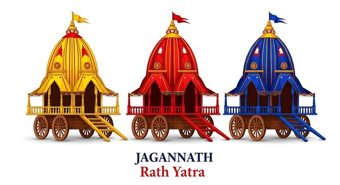 Three colorful traditional Indian chariots for Hindu festival celebration  cultural symbol