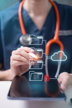 Electronic Health Records (EHR): A female doctor uses a tablet with a secure cloud database hologram.