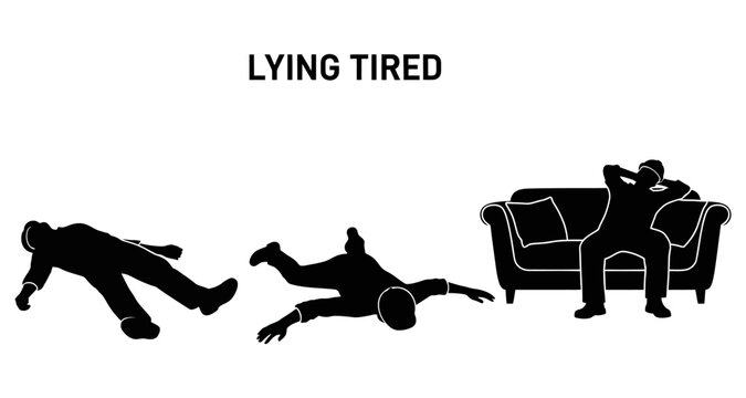 Silhouettes of exhausted individuals in various stages of fatigue and relaxation