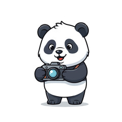Obraz premium A cheerful cartoon panda holds a camera with both paws on a plain white background, conveying a playful mood with vibrant colors.
