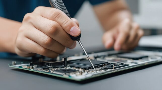 Person Repairing Laptop with Precision Tool in Close-Up, Focused on Circuit Board, Technology and Repair Process in Action