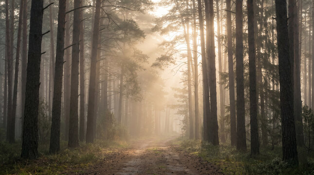 A misty pine forest path with beautiful sun rays filtering through the trees. An ethereal and magical nature scene.