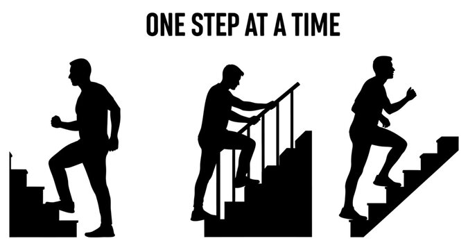 Silhouettes of men climbing stairs one step at a time concept
