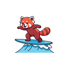 Obraz premium A cartoon red panda surfing on a blue wave with a surfboard, conveying a playful mood against a clean white background.