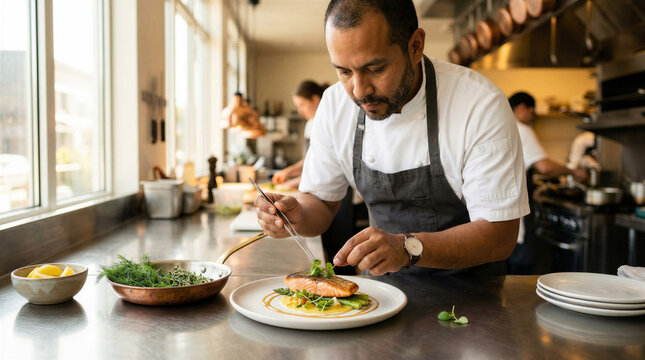 a chef prepares food in a restaurant kitchen
