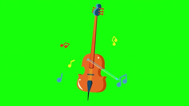 Animated Cello Playing with Floating Musical Notes on Green Screen