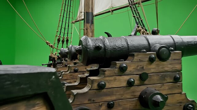 Closeup of a historic pirate ship cannon on a green screen background.