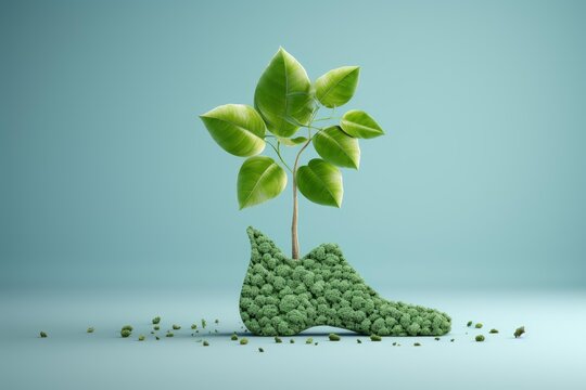 Eco friendly shoe made of moss growing a plant, symbolizing sustainable fashion and nature