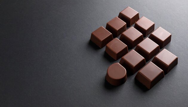 Scattered milk chocolate cubes arranged in a grid pattern with one round truffle, dark background