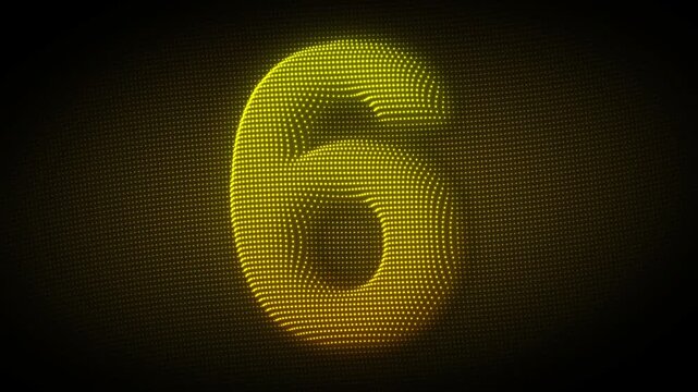 Golden Number Six Particle Animation on Dark Background, Glowing Dot Grid 3D Rotating Digit Symbol Seamless Loop, 4K