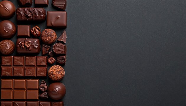 Assortment of dark and milk chocolates including bars and truffles displayed on a dark surface