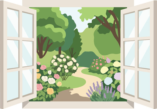 Open window framing a colorful blooming garden with flowers and trees in a soft flat vector style. Perfect for spring, home, and cozy lifestyle concepts.
