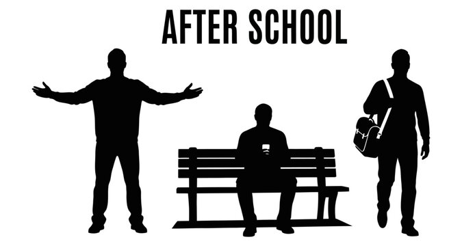 Silhouettes of students after school on white background with text