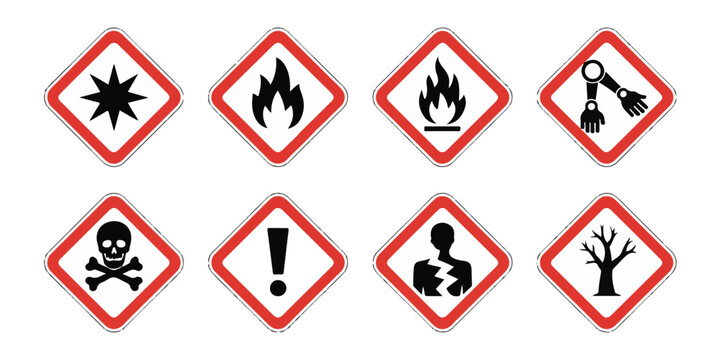 Set of eight hazard warning symbols, including skull and crossbones, flame, exclamation mark, and exploding bomb