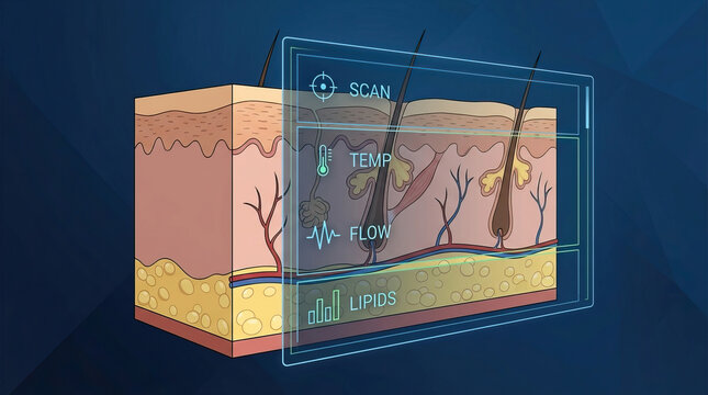 Skin cross section with hair follicle and digital diagnostic interface showing scan, temperature, flow, and lipids data in futuristic medical concept