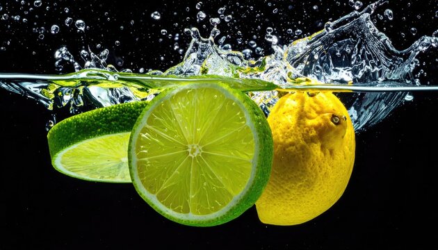 Fresh lemon and lime slices splashing into clear water