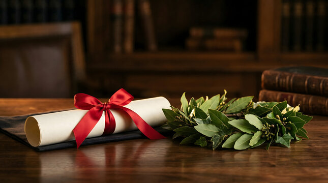 Graduation diploma scroll with red ribbon and laurel wreath on wooden table, University degree certificate with laurel crown in a classic library setting, Elegant academic diploma with red bow