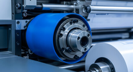 Fototapeta premium Close up view of industrial printing machine with blue roller and paper.