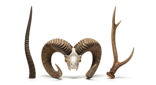 Collection of animal horns and antler including ram skull and spiral gazelle tip.