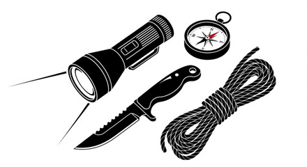 Naklejka premium A vector graphic illustration of outdoor survival tools including a flashlight, knife, rope, and compass.