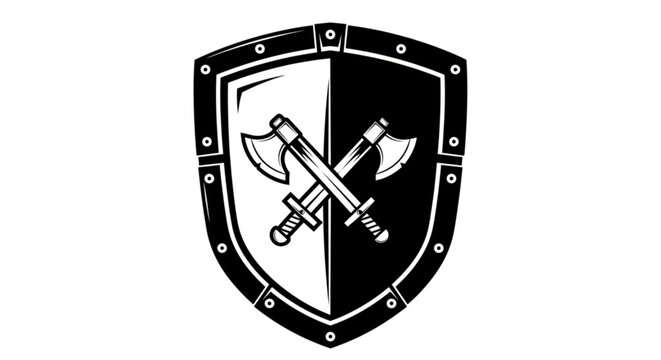 A black and white vector graphic of a shield with crossed axes