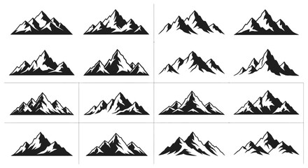 Obraz premium Collection of black and white mountain silhouettes in various shapes and sizes on a grid background