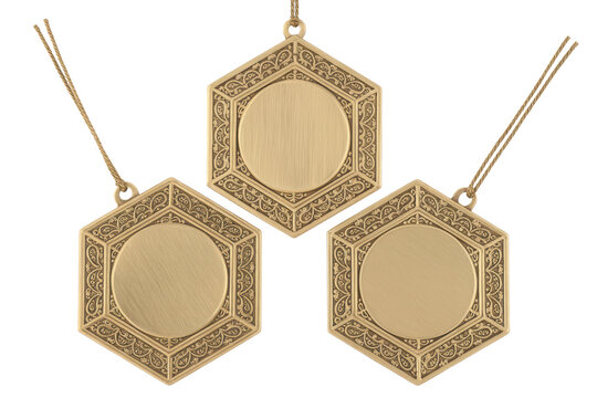 Three hexagonal gold medals on transparent background with ribbons.