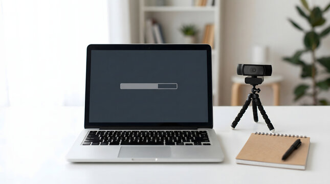 Laptop screen with loading bar mockup and webcam on tripod, Modern workspace with laptop showing progress bar and external camera, Minimalist home office setup with laptop loading screen