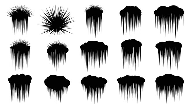 Collection of black ink splatter and drip graphics on white background for design and artistic use
