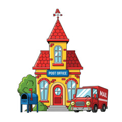 Naklejka premium Colorful cartoon post office building with a mail truck and mailbox, symbolizing community connection and efficient delivery services