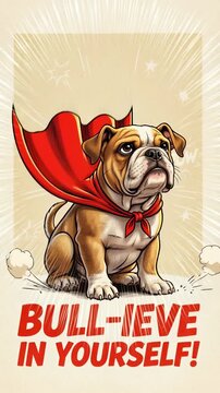 Motivational Comic Poster Video: Energetic Bulldog Superhero Wearing a Red Cape, Roaring and Leaping with the Text BULL-IEVE IN YOURSELF! Inspirational Pet Humor