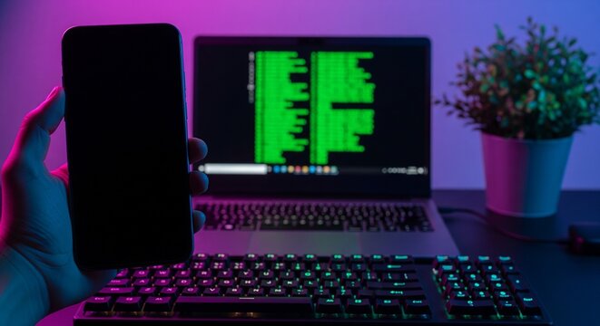 Person holding smartphone over glowing keyboard in pink and blue studio lighting with abstract code on laptop screen
