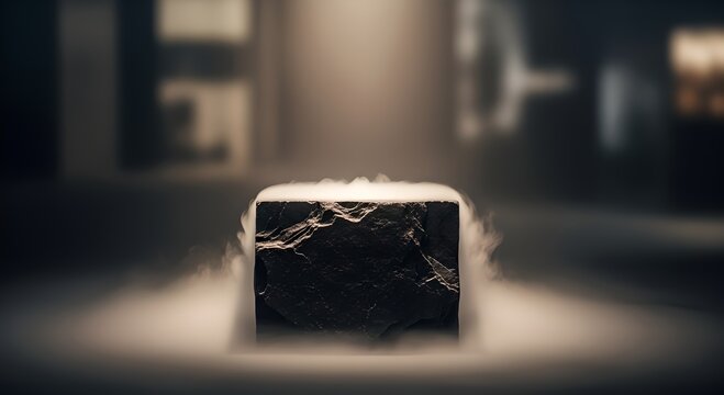 A mysterious black cube sits illuminated on a dark surface indoors.